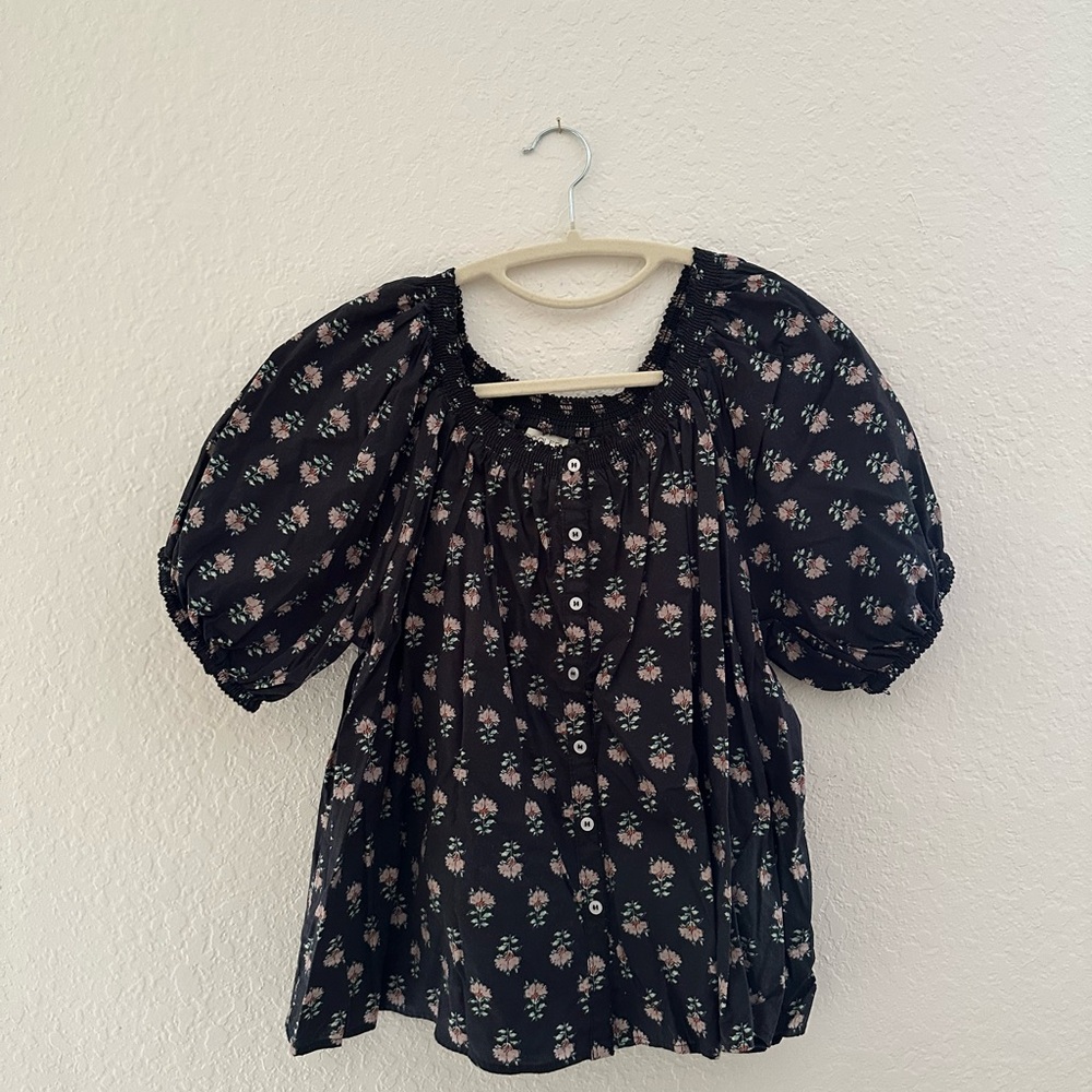 Roolee Floral Puff Sleeve Button-Front Top - Black